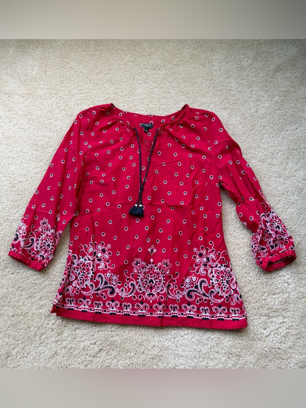 Talbots Red Bandana Print Cotton Blouse w/ Tassels - Size P (XS Petite) - VGUC